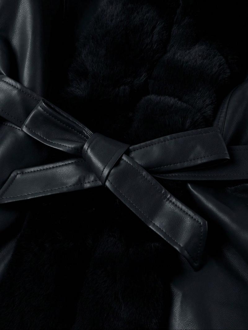 Women's Fall Winter Faux Leather Jacket with Detachable Belt, Long Sleeve Fitted Coat with Hood, Casual Warm Daily Wear