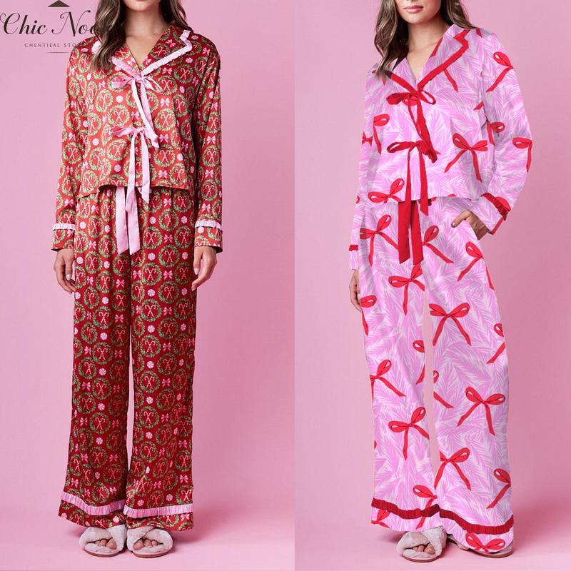 Women 2 Piece Pajamas Set Bow Print Tie Front Long Sleeves Shirt and Elastic Pants for Loungewear Soft Sleepwear