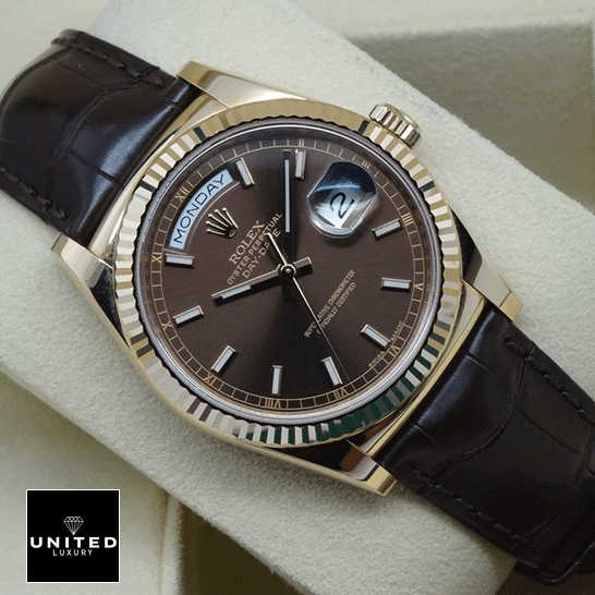 Rolex Day-Date 118139 Chocolate Dial Brown Leather Bracelet Replica