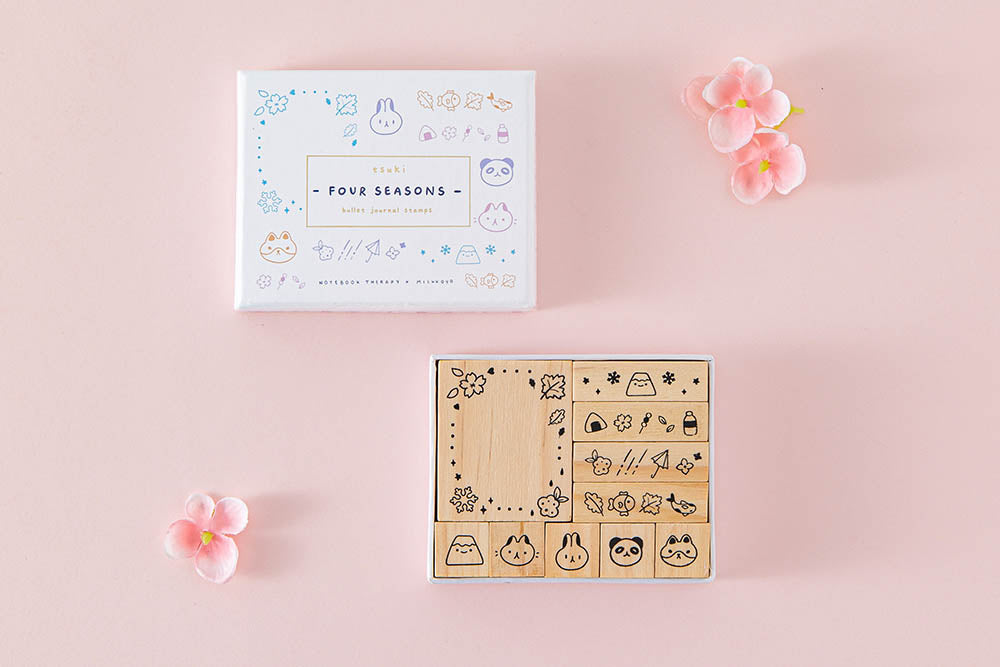 Tsuki ‘Four Seasons’ Bullet Journal Stamp Set by Notebook Therapy x Milkkoyo with pink flowers on petal pink background
