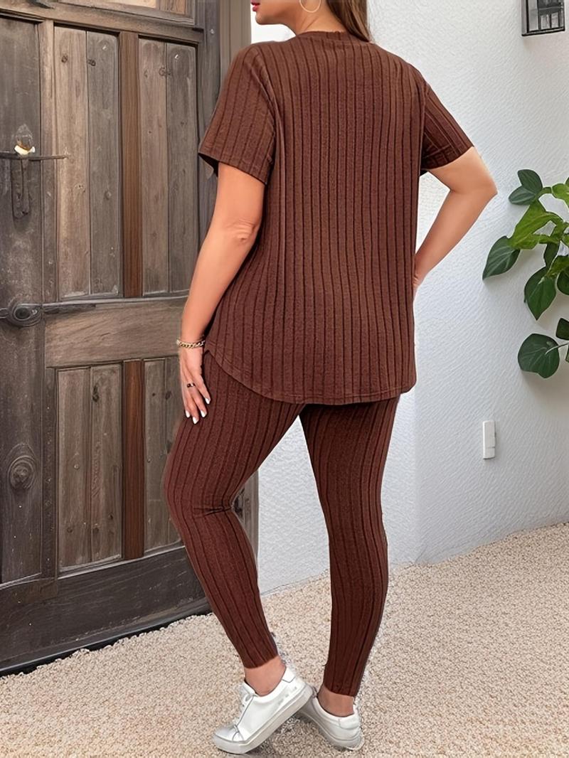 [Plus Size] Two-Piece Set Solid Drop Shoulder Top & Skinny Pants Ribbed Pajama Set, Casual Comfy Round Neck Long Sleeve Top & Trousers Set, Women's Sleepwear for Fall & Winter