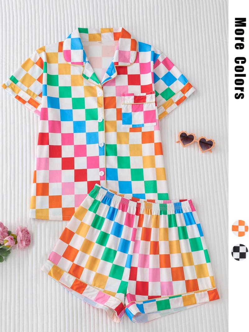Women's Checkerboard Print Lapel Neck Pajama, Casual Comfy Short Sleeve Button Front Chest Pocket Design Top & Elastic Waist Shorts PJ Set, Ladies Summer Sleepwear