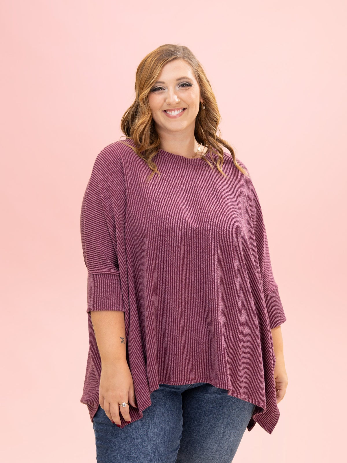 Raised Rib Easy-Fit Dolman 3/4 Sleeve Top by DD Design | Reg - Plus