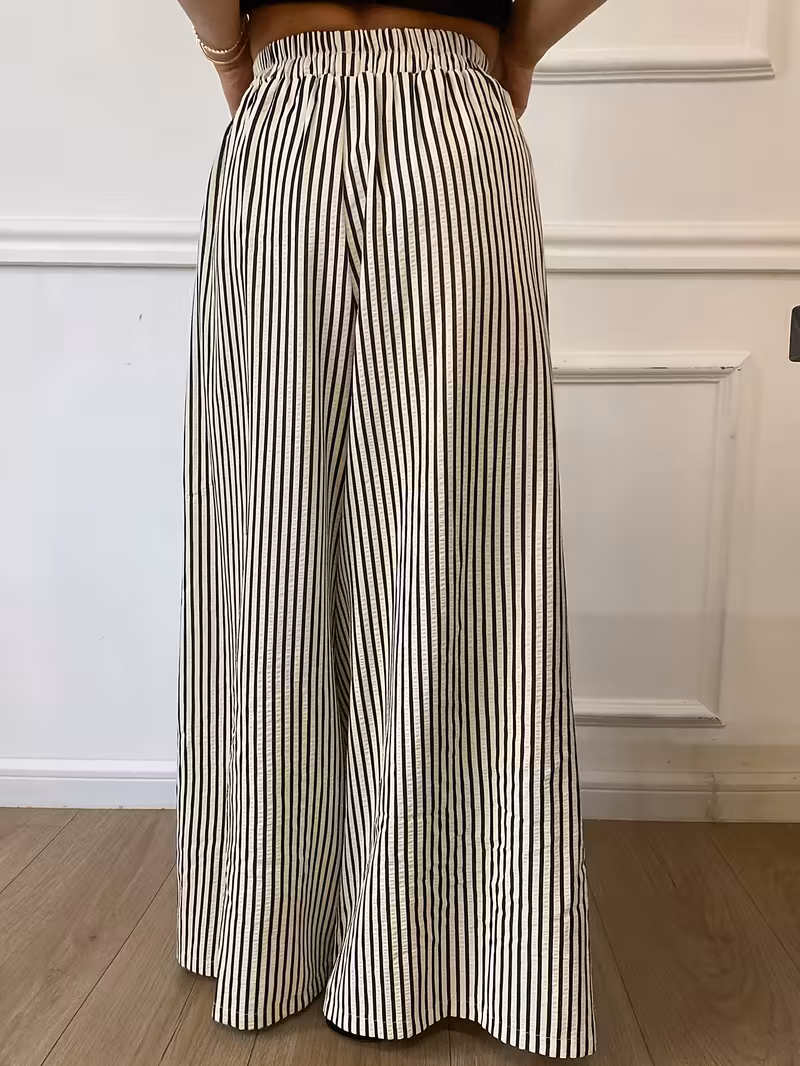 womens striped wide leg pants with elastic waist casual polyester machine washable high contrast vertical stripes comfortable   wear Product details 0