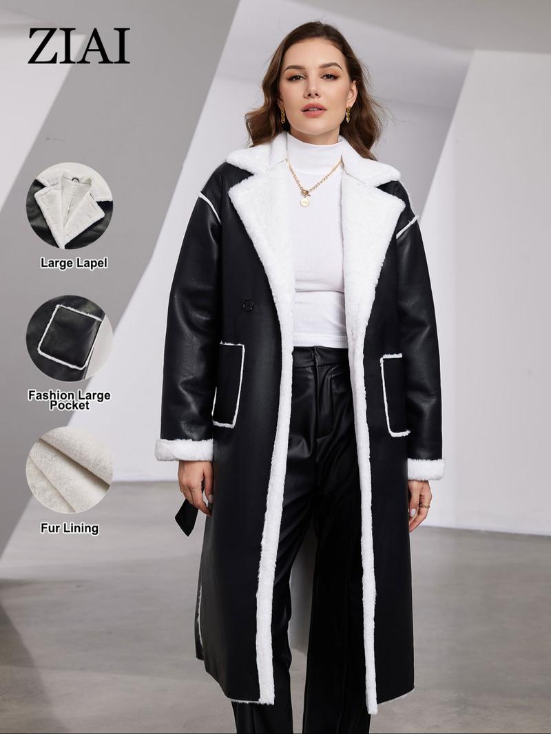 Women's Fall & Winter PU Leather Fur Coat, Thickened Fleece Lined Jacket, Waist Cinching Slimming Warm Outerwear