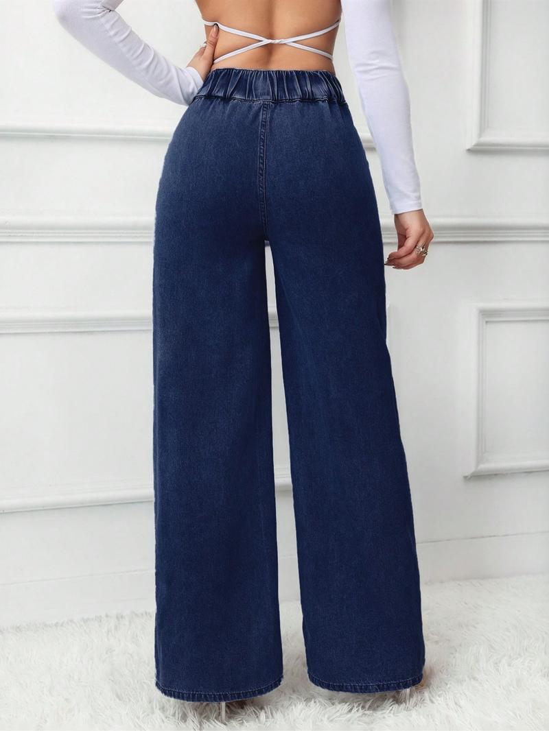 Women's Vintage Elegant High Waist Wide Leg Jeans, Button Front Elastic Waist, Plain Design, Casual Fashion Pants, All Seasons