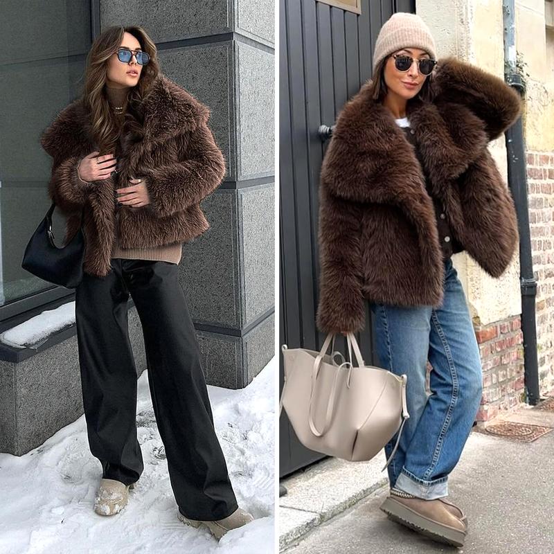 Buenoble Women's Brown Faux Fur Coat Winter Fluffy Short Jacket Warm Fuzzy Oversized Outwear Top Shaggy Collar Full Lining Short Jacket with Side Pockets