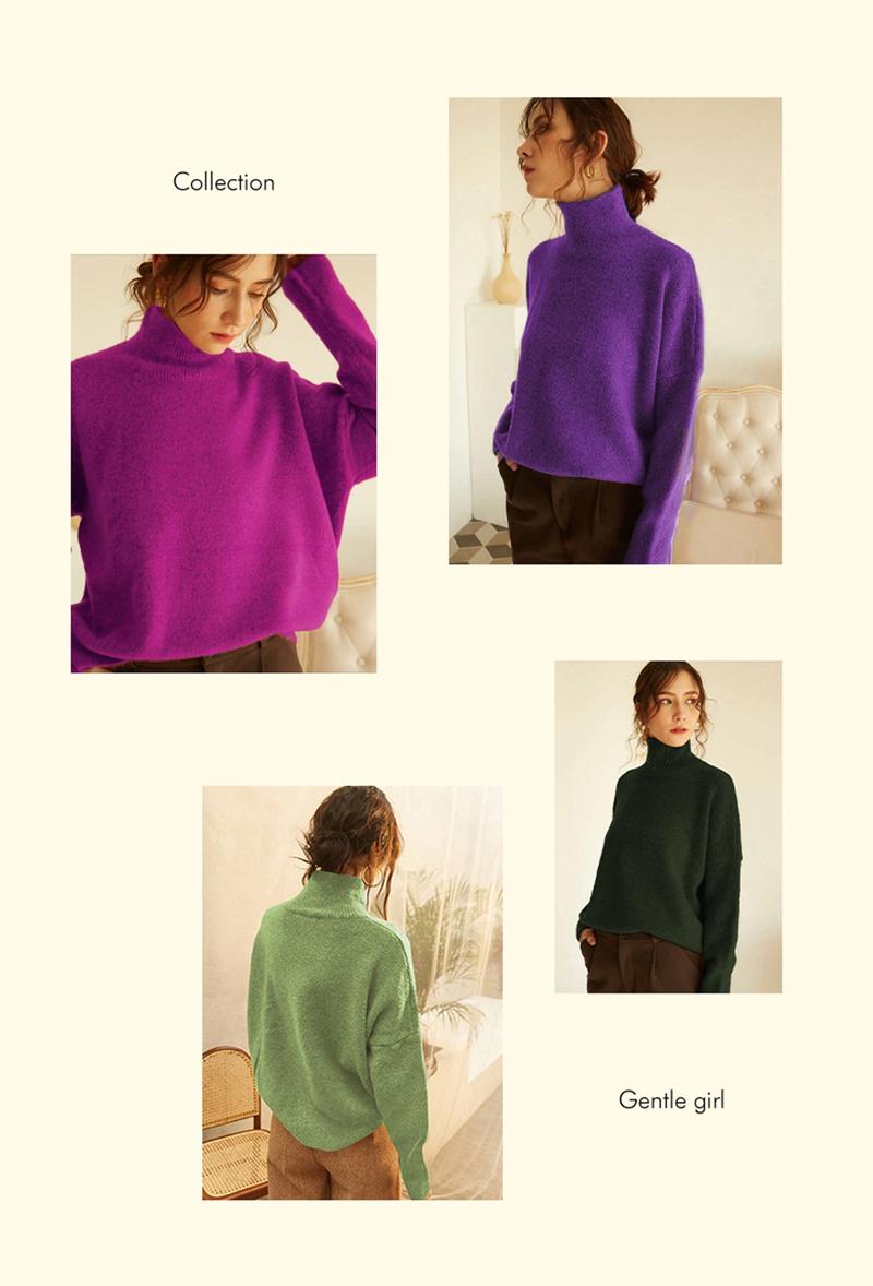 Autumn Winter Women's Knit Sweater High Neck Loose Casual French Style Elegant Simple Solid Color Pullover Long Sleeve Top