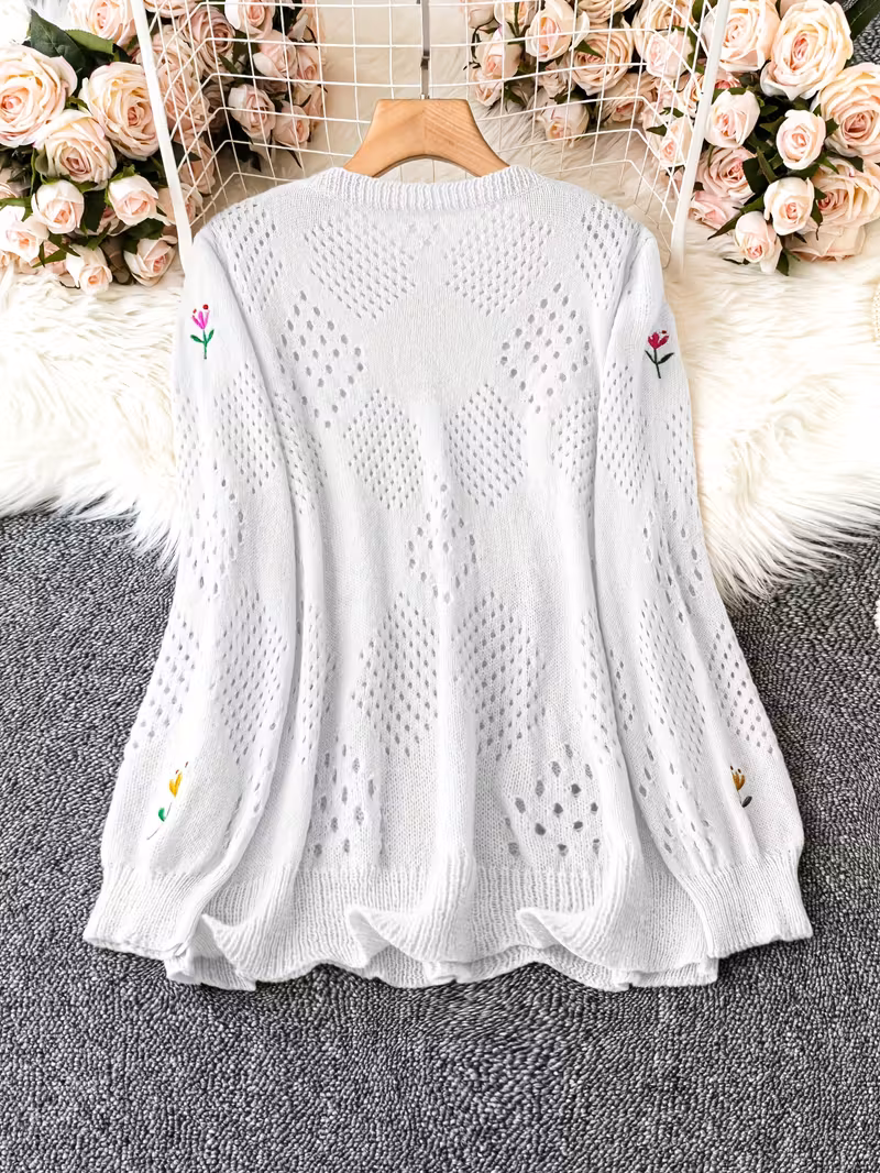 plus size floral embroidery sweater casual cut out long sleeve crew neck sweater for spring womens plus size clothing Product details 6