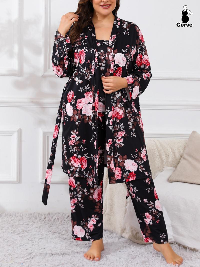 [Plus Size] Three-Piece Set Floral Print Belted Lounge Robe & Cami Top & Elastic Waist Pants Pyjama Set, Elegant Comfy Drop Shoulder Long Sleeve Robe & Sleeveless Top & Bow Decor Trousers PJ Set, Women's Sleepwear for Spring & Fall