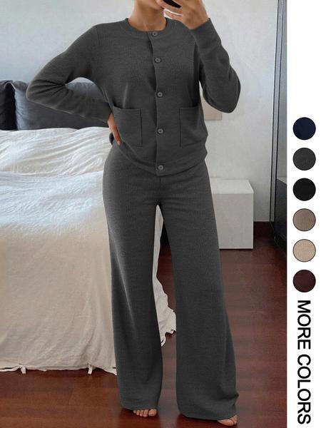 Women's Casual Comfortable Round Neck Long Sleeve Knit Sweater Set, High Waist Versatile Wide Leg Pants, Perfect for Daily Wear