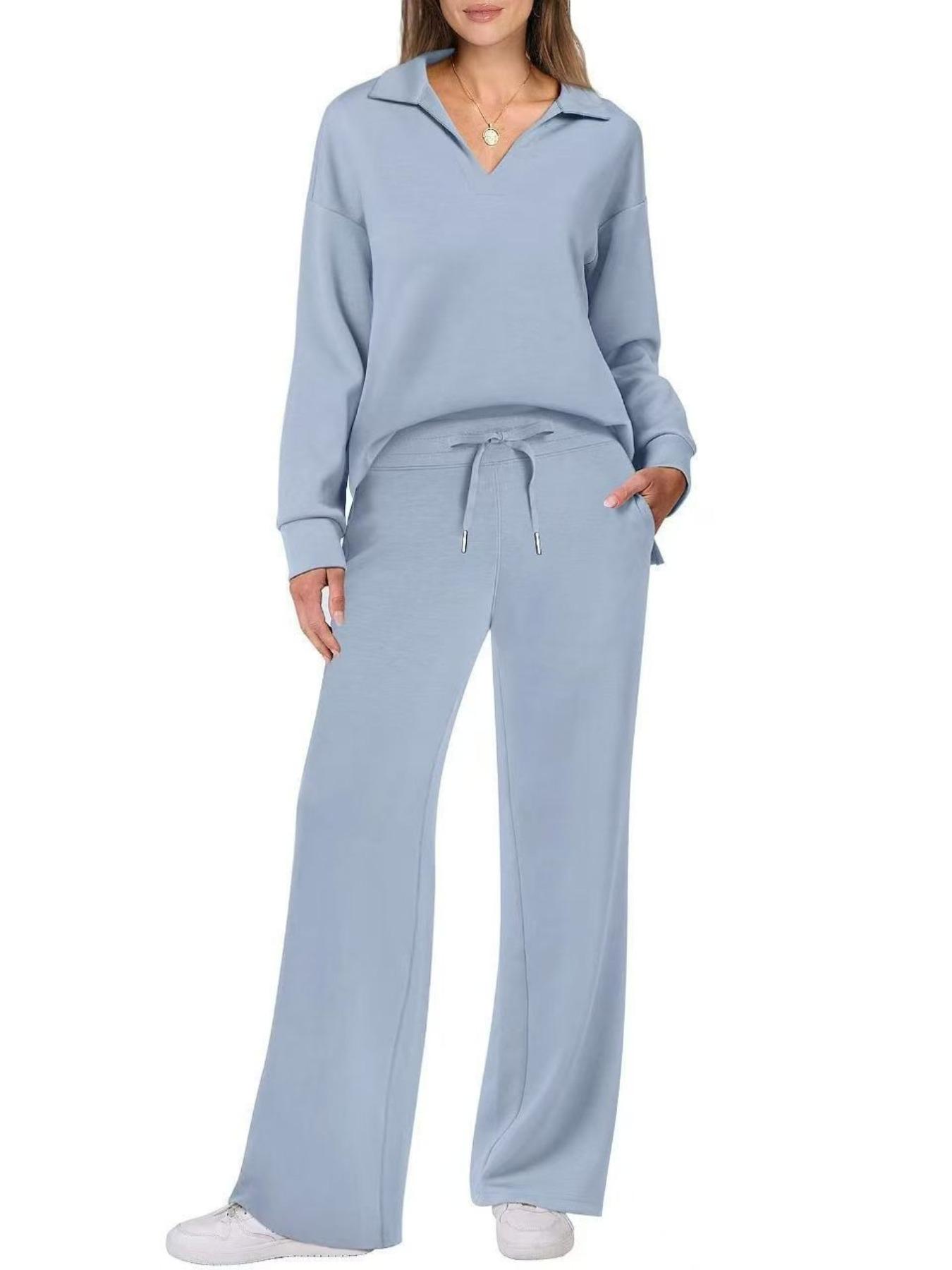 Women's Long Sleeve Drawstring Pants Set Outfit, Casual Fall Winter, Fashionable Pure Color Commuter Wear, Style