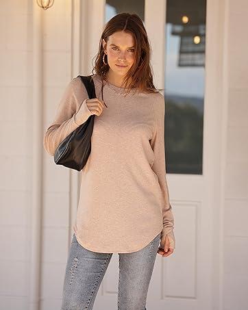 WIHOLL Womens Tunic Tops to Wear with Leggings Long Sleeve Thumb Hole Shirts Crew Neck Curved Hem