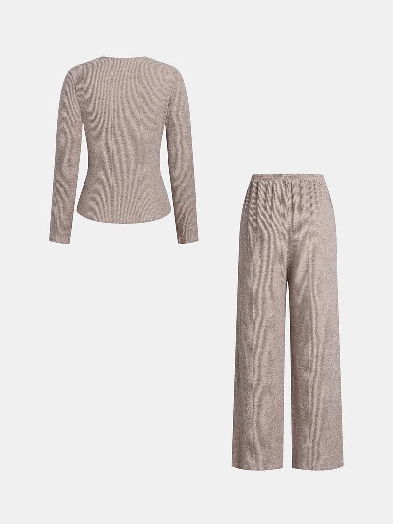 Women's Autumn Winter Set, Knitted Boat Neck Top with Buttons & Ribbed Long Pants, Casual Loose Fit for Ladies