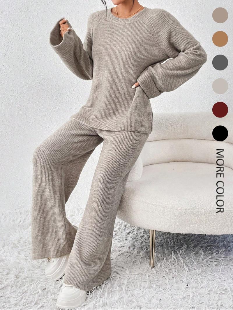 Women's Raglan Sleeve Split Sweater & Elastic Waist Pants Set, Basic Round Neck Top & Pants Sweater Set, Women's Autumn & Winter Clothing for Daily Wear.