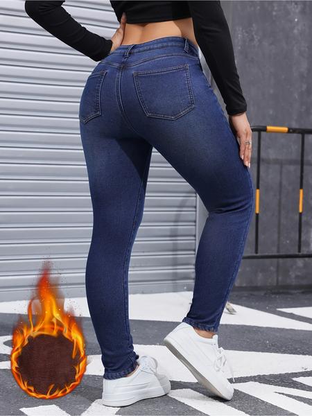 Women's Fall Winter Fleece Lined Denim Jeans, Elegant Woven Fabric, Thicken Warm Comfortable Pants, High Waist Slim Fit Design