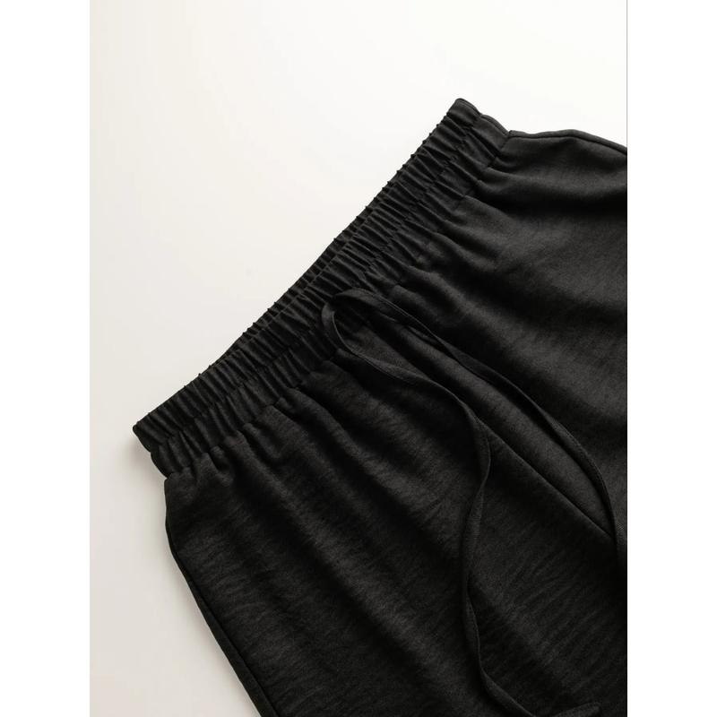 Women's Solid Button Front Shirt & Tie Front Wide Leg Pants Two-piece Set, Casual Drop Shoulder Long Sleeve Blouse Top & Trousers 2 Piece Set for Spring & Fall, Women's Clothes for Daily Wear Womenswear Suits Apricot Basic Minimalist